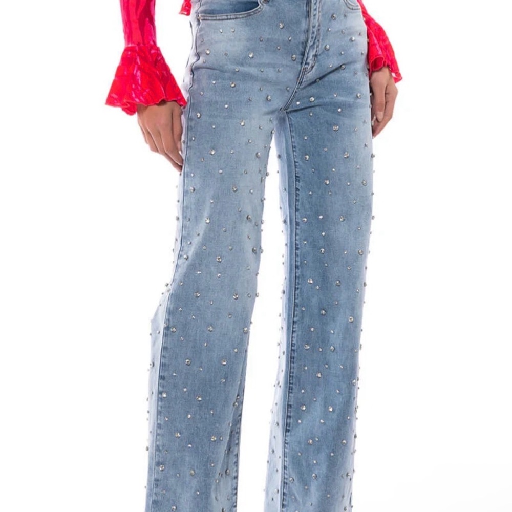 AKIRA JOANIE EMBELLISHED WIDE LEG JEANS
